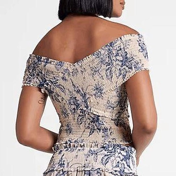 Express Blue Ivory Floral Smocked Off The Shoulder Wrap Cropped Top - Picture 12 of 12